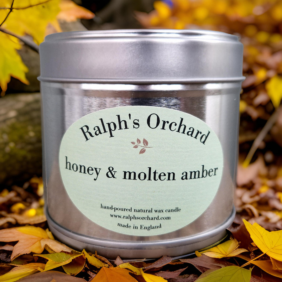 Luxury handmade vegan candle with bergamot, cinnamon, honey, amber, patchouli, warm spicy fragrance, eco-friendly soy wax by Ralph's Orchard at brixbailey.com