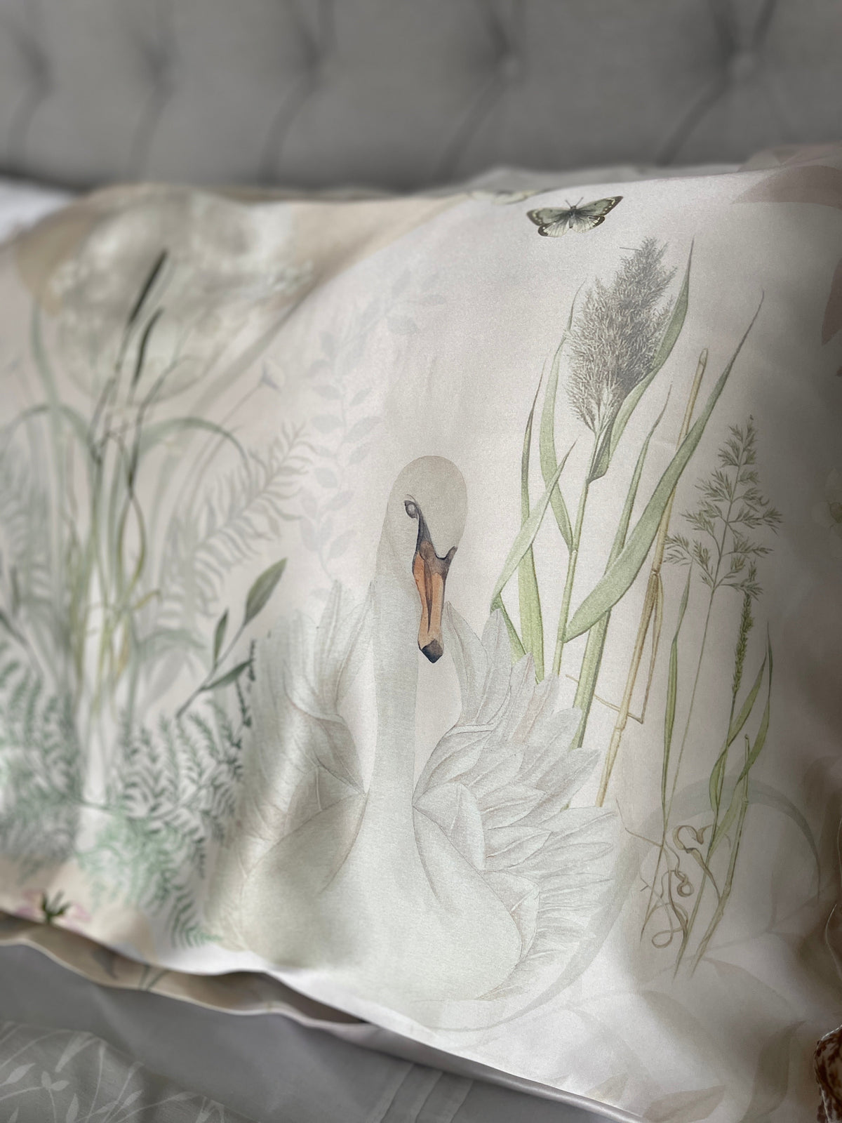 Cream and neutral Silk Pillowcase in hand painted 'Graceful' print, Standard size Oxford style Pillowcase