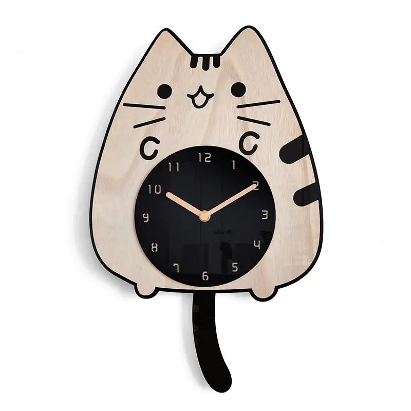 3D Wooden Cartoon Cat Wall Clock - Whimsical, Educational & Quiet for Kids' Rooms by Baby Lamby at brixbailey.com