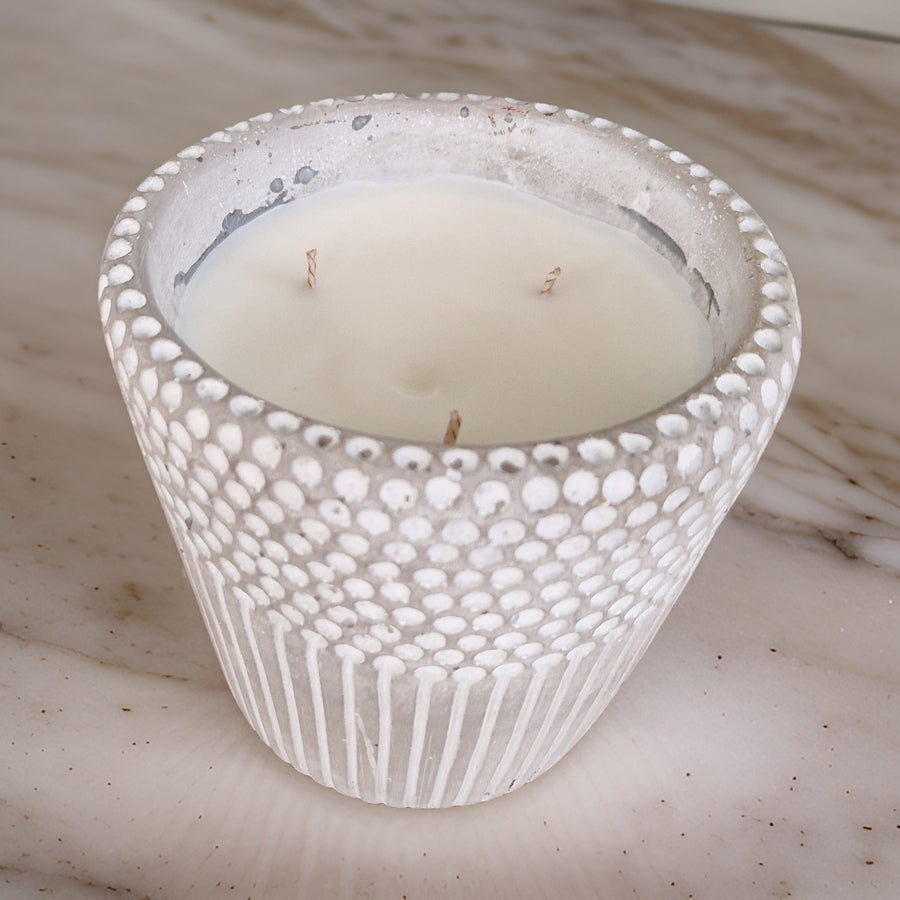 Premium concrete scented candle in minimalist cement container, luxury handcrafted vintage bookshop zen enchanted forest amber rock salt fragrances, eco-friendly vegan reusable pot by Ralph's Orchard at brixbailey.com