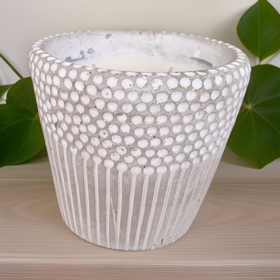 Luxury concrete scented candle in minimalist cement container, premium fragrances like vintage bookshop, zen, enchanted forest, rock salt amber, vegan cruelty-free by Ralph's Orchard at brixbailey.com