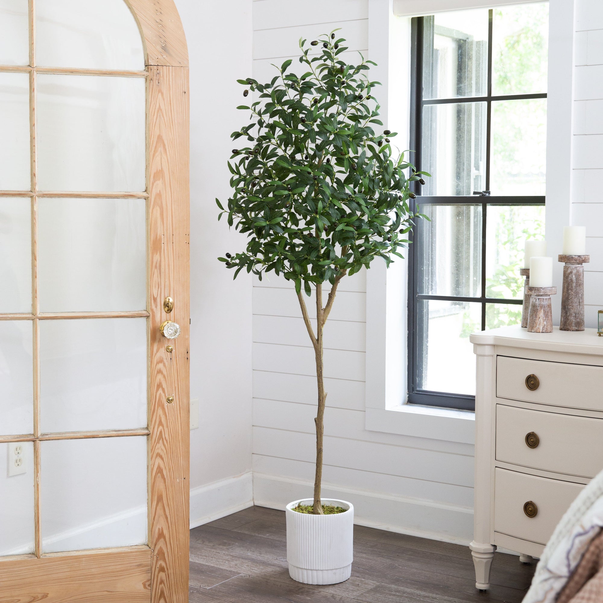 Faux Olive Tree in White Planter