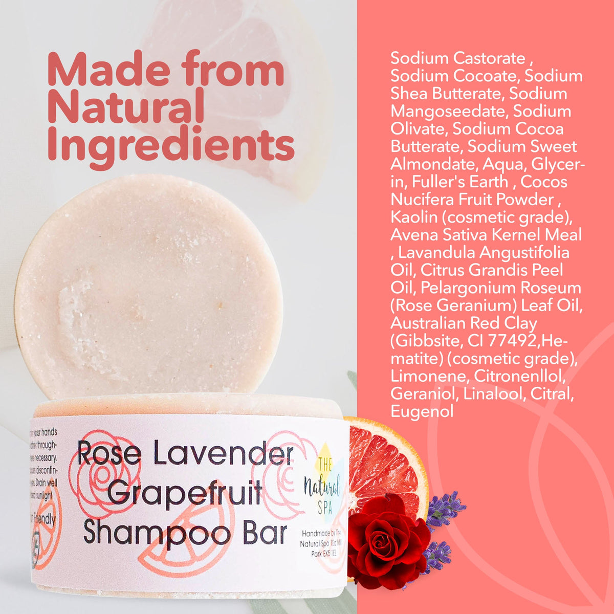 Rose, Lavender &amp; Grapefruit Shampoo Bar | Natural Hair Wash for All Hair Types | Vegan, Plastic-Free Hair Care