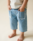 Lightweight Washed Denim Trousers with Frayed Pocket Detail