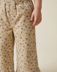 Beige Floral Corduroy Ruffle Hem Trousers