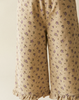 Beige Floral Corduroy Ruffle Hem Trousers