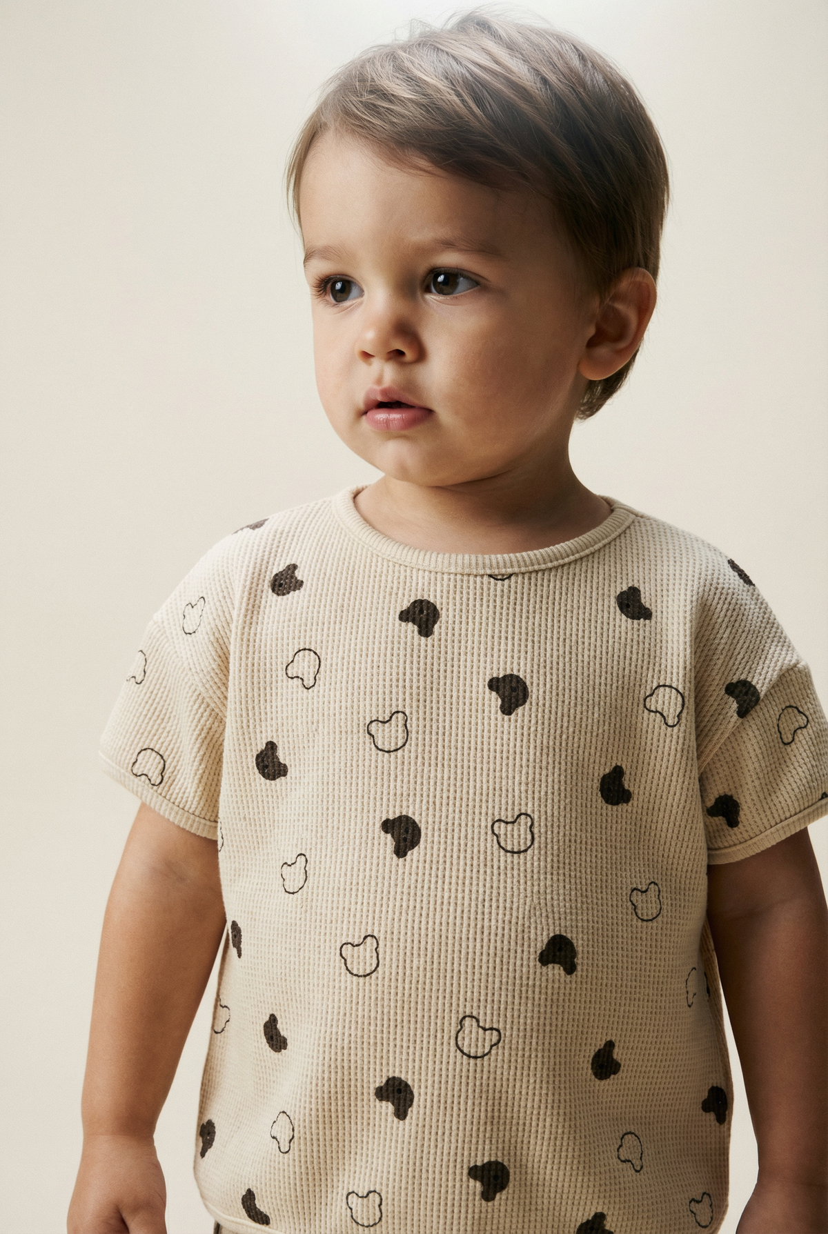 Beige Waffle Teddy Print Top &amp; Shorts Set