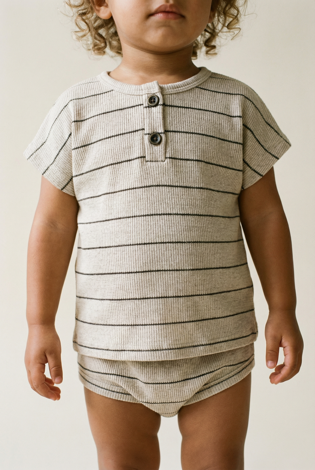 Beige Stripe Short Sleeve Top &amp; Bloomer Set