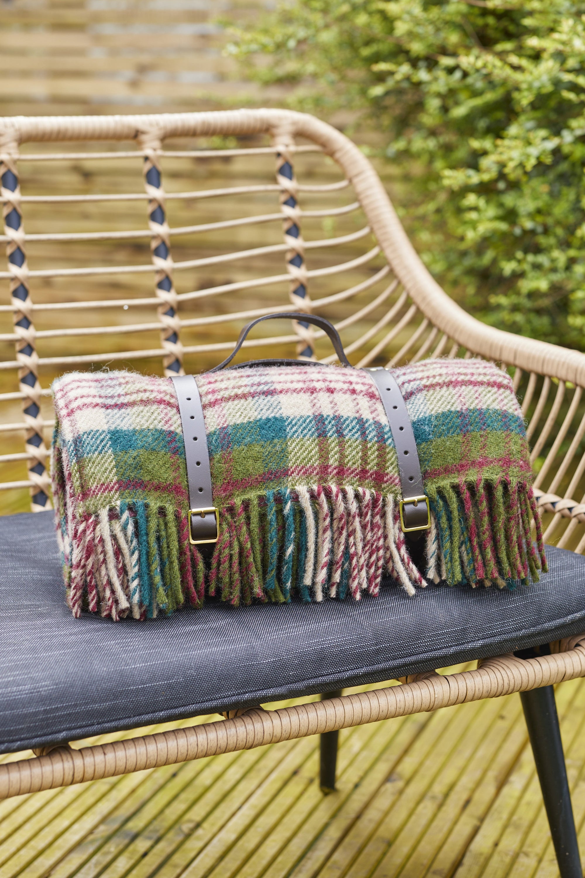 Thistleberry &amp; Wine Picnic Rug Blanket Tartan Checked Burgundy/Claret with Leather Carry Strap