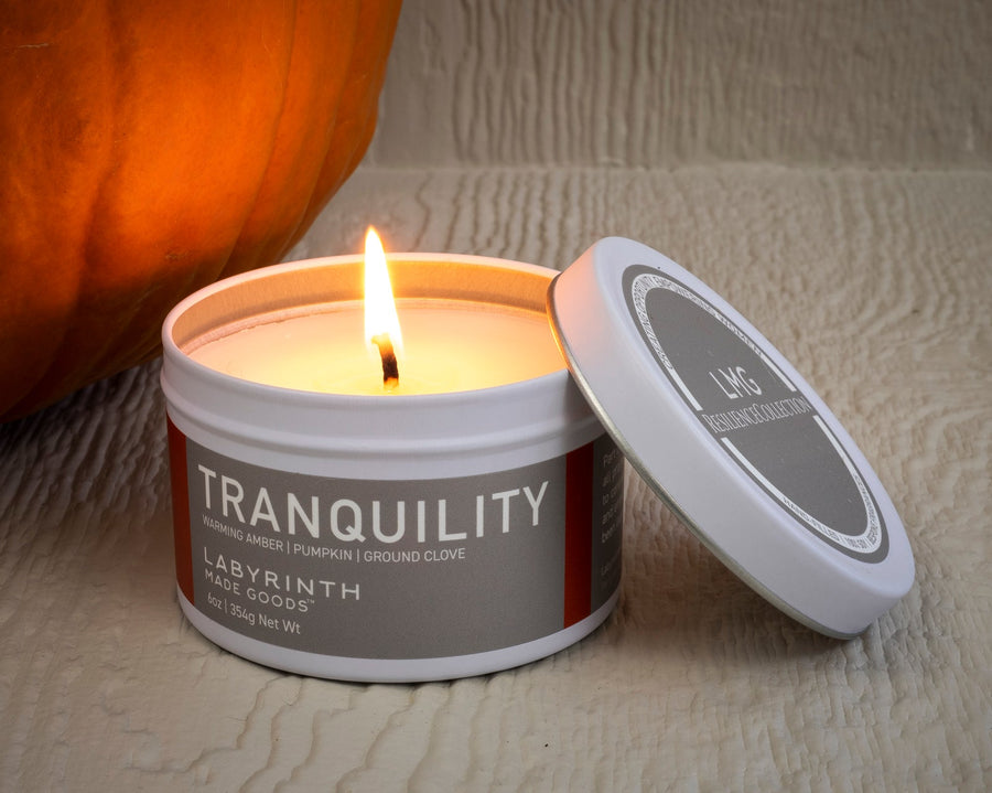 Premium Tranquility Soy Candle with Warming Amber, Pumpkin, and Ground Clove, Handcrafted in Illinois, 60-Hour Burn Time by Labyrinth Made Goods at brixbailey.com