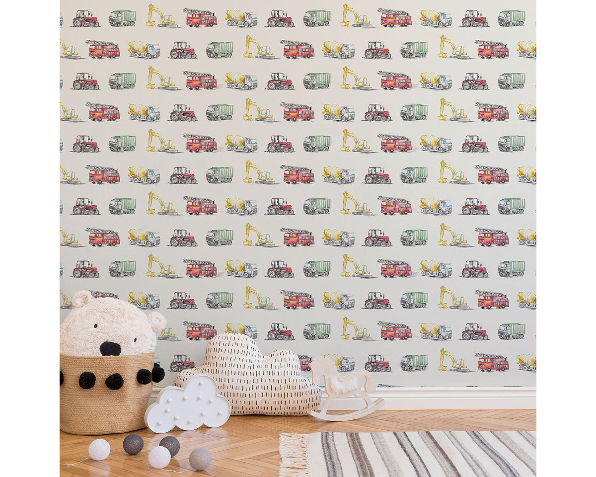 Watercolour Vehicles Wallpaper | Diggers, Fire Engines &amp; Trucks | Kids Bedroom &amp; Nursery