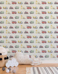 Watercolour Vehicles Wallpaper | Diggers, Fire Engines & Trucks | Kids Bedroom & Nursery