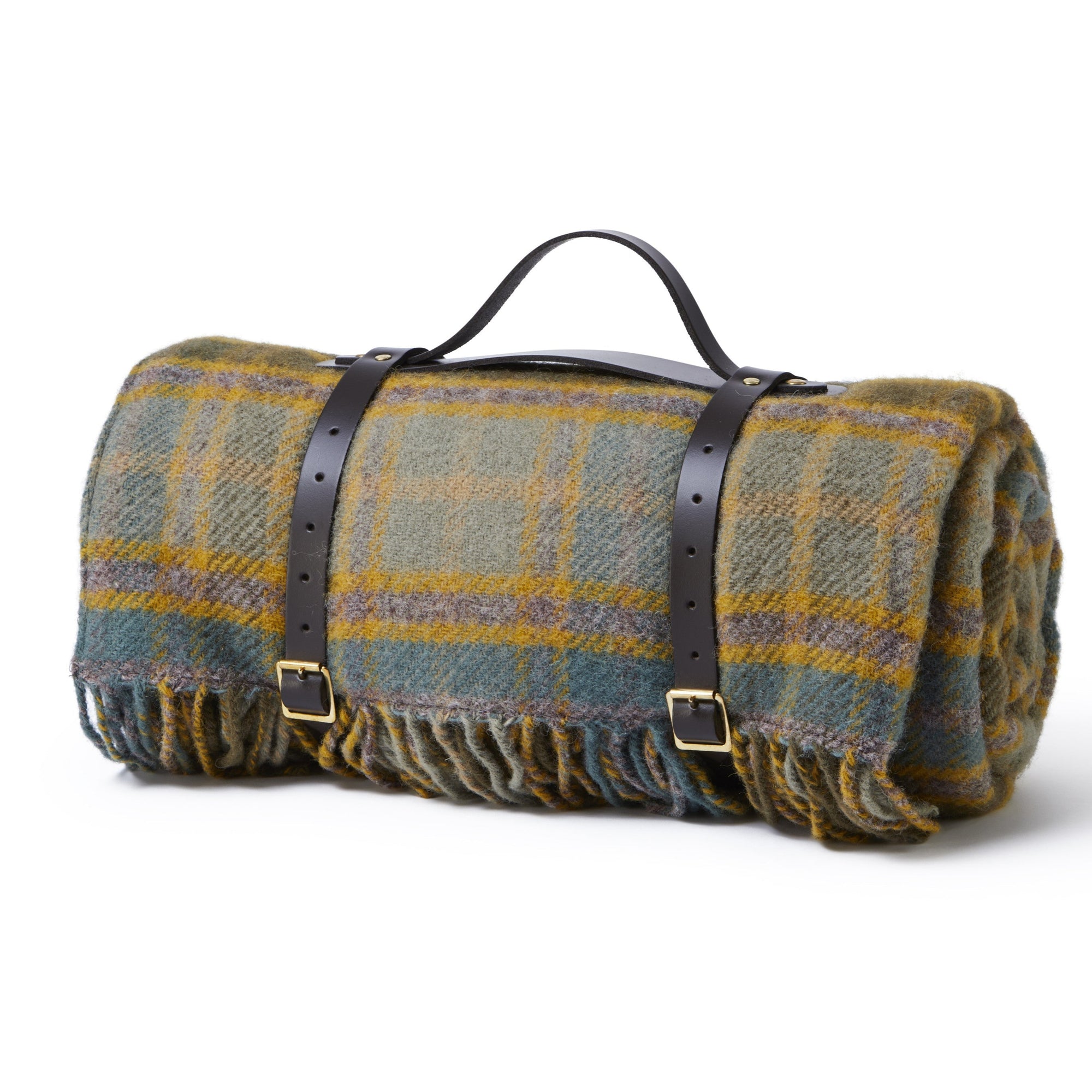 Roll-up picnic blanket with leather straps on a white background sold on Brix + Bailey