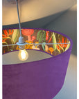 Purple velvet drum double sided lampshade/ ceiling light shade, with wonderland paper on interior