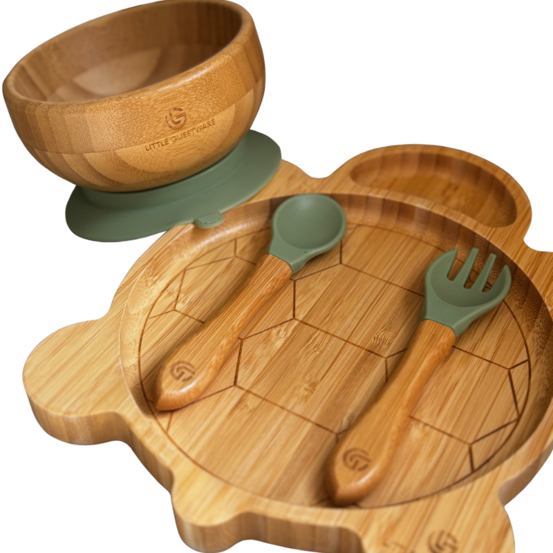 Turtle Bamboo Feeding Set - Plate, Bowl, Spoon &amp; Fork Gift Set