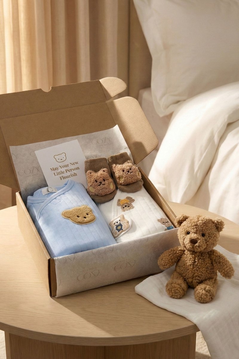 The Cozy Blue Boucle Baby Bear &amp; Charming Bear Personalised Gift Box