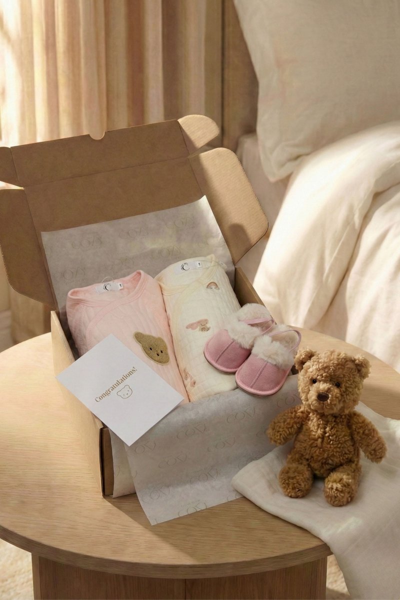 The Cozy Pink Boucle Baby Bear &amp; Rainbow Personalised Gift Box
