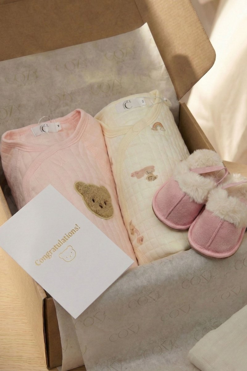 The Cozy Pink Boucle Baby Bear &amp; Rainbow Personalised Gift Box