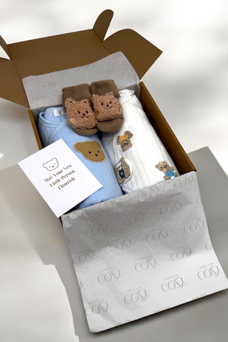 The Cozy Blue Boucle Baby Bear &amp; Charming Bear Personalised Gift Box