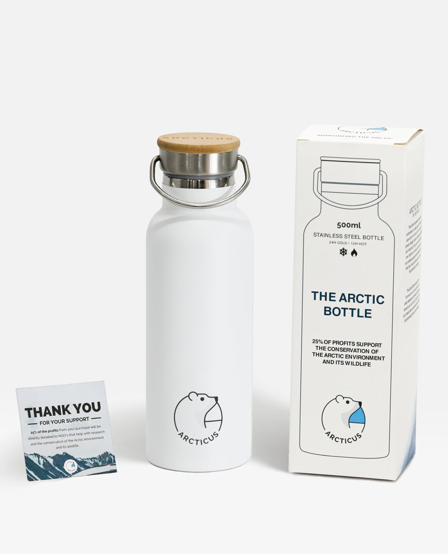 Premium Arctic Bottle, double-wall vacuum-insulated stainless steel, keeps drinks hot or cold, eco-friendly bamboo lid, leak-proof, BPA-free by Arcticus at brixbailey.com