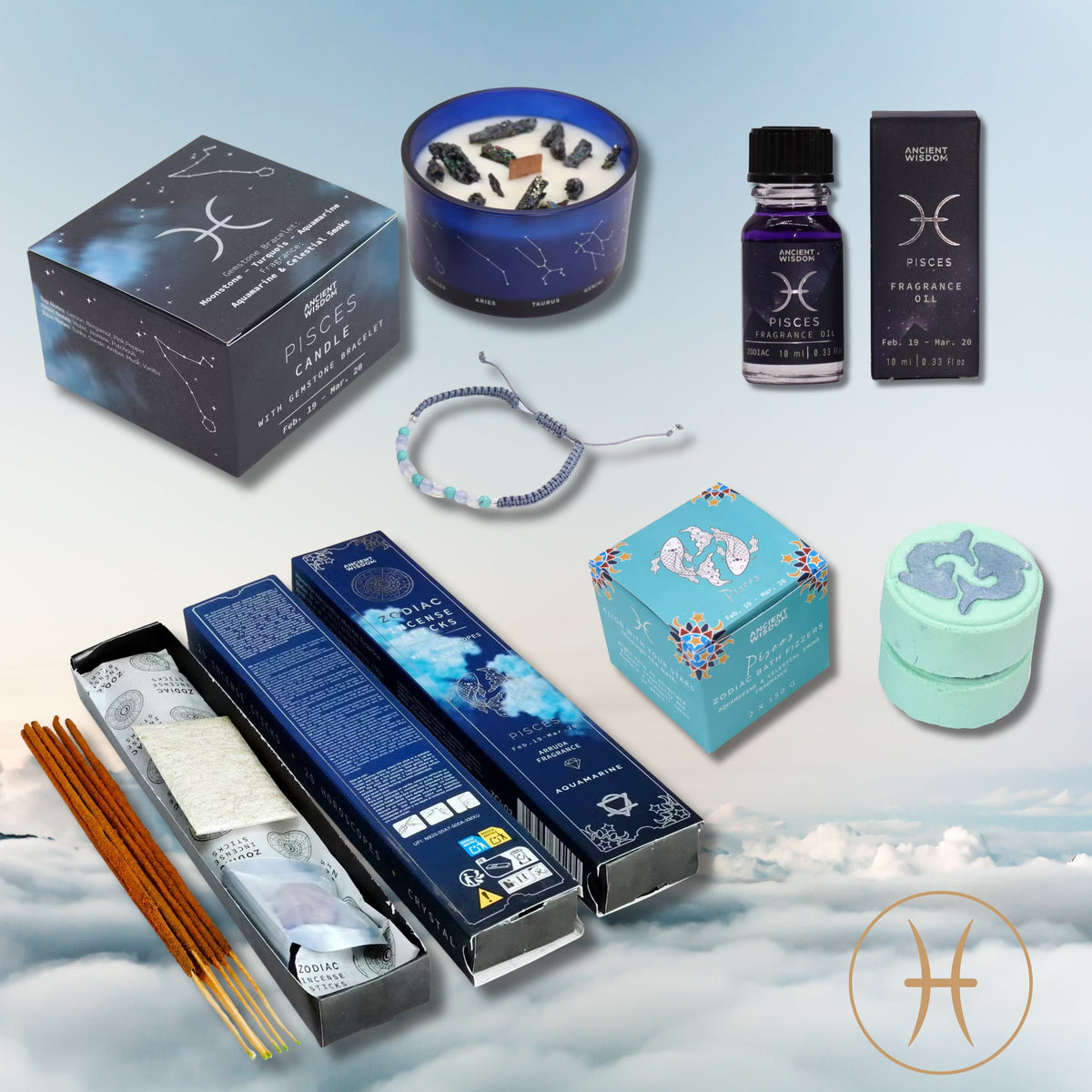 Pisces Zodiac Gift Set — Crystal Candle, Gemstone Bracelet, Bath Fizzers &amp; Fragrance Oil