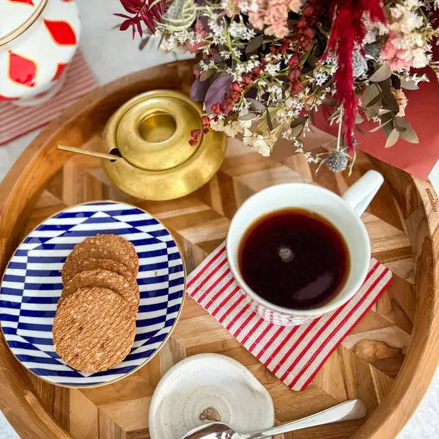 Herringbone Pattern Round Wooden Serving Tray