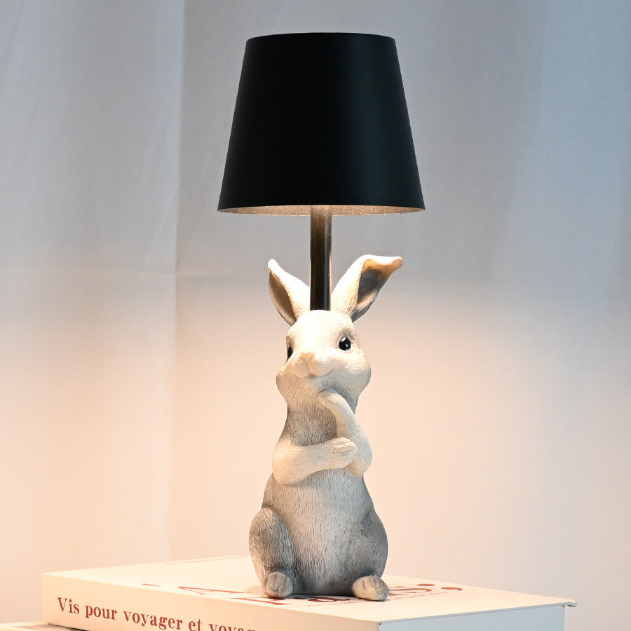 NNEDSZ Grey Bunny Black Lampshade Adorable Rabbit Resin Table Lamp - 3-Color LED, USB Rechargeable, Touch Dimming-0