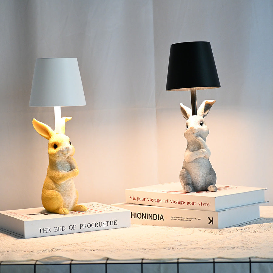 NNEDSZ Grey Bunny Black Lampshade Adorable Rabbit Resin Table Lamp - 3-Color LED, USB Rechargeable, Touch Dimming-1