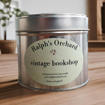 Vintage bookshop scented candle, luxury handmade soy wax candle with cashmere, leather, sandalwood, amber, vanilla, warm ginger, premium home fragrance by Ralph's Orchard at brixbailey.com