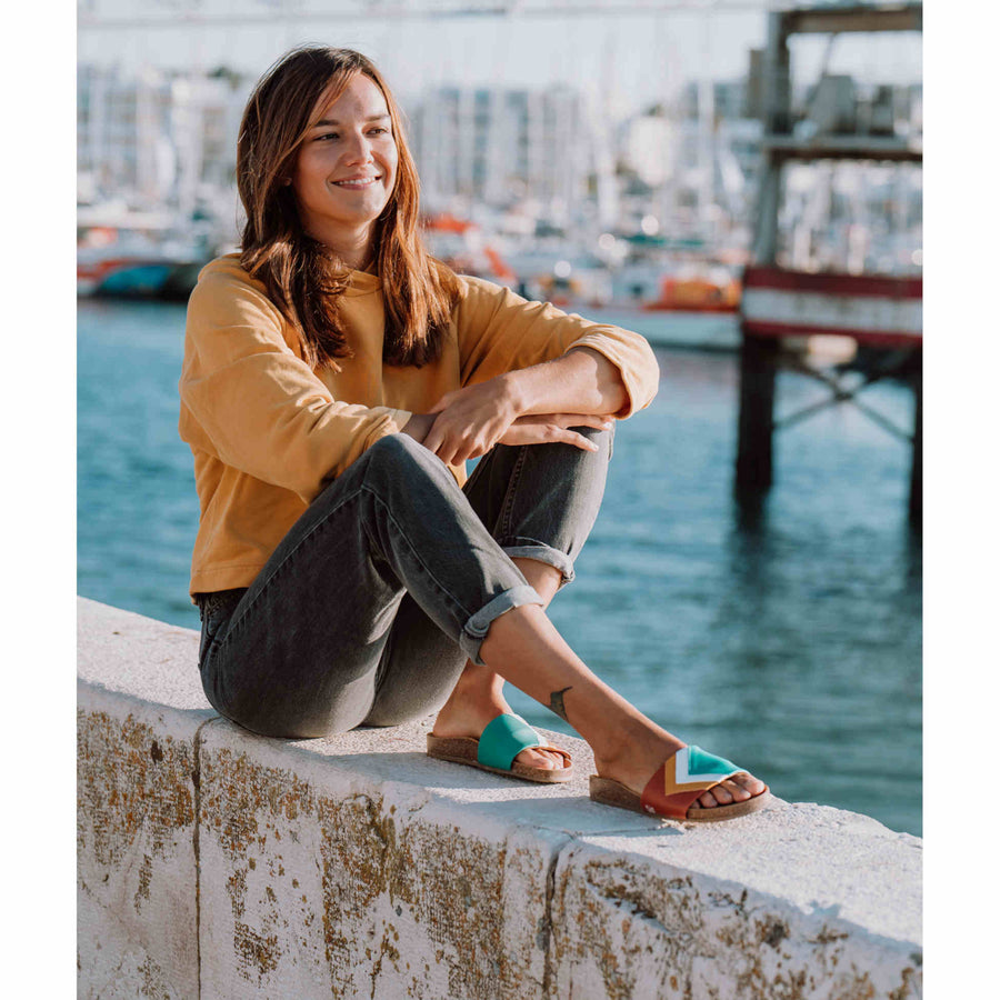 Premium vegan sandals in turquoise, white, mustard, terracotta - comfortable straps, soft footbed, slip-resistant sole, durable, eco-friendly by Fünve at brixbailey.com