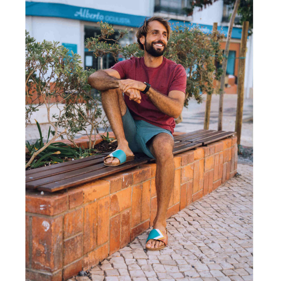 Premium vegan sandals in turquoise ocean white mustard terracotta, comfortable strap, soft anatomical footbed, slip-resistant sole, durable, fair trade Europe by Fünve at brixbailey.com