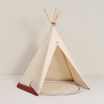 Luxury Arizona Vibes Teepee in Carmine, premium kids play tent with organic cotton, handcrafted pine wood sticks, stylish and safe by Ella James at brixbailey.com