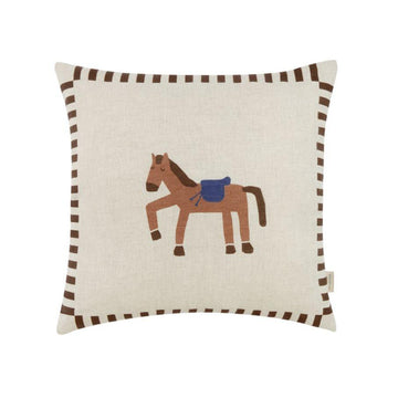 Premium linen horse cushion with blue saddle, retro style decor for kids bedroom by Ella James at brixbailey.com