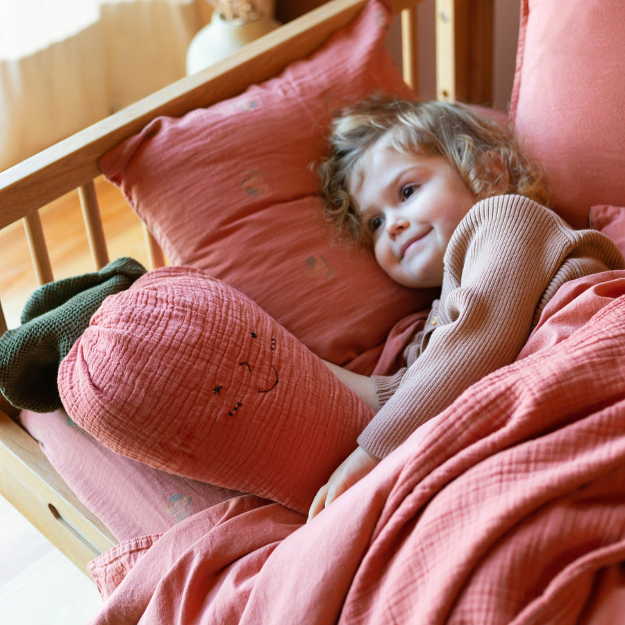 Luxury handcrafted Wabi-Sabi strawberry cushion, soft and fun premium kids bedding, best-selling unique decor piece by Ella James at brixbailey.com