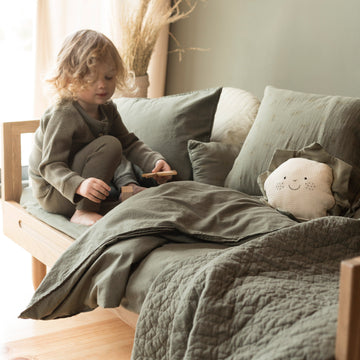 Luxury Wabi-Sabi washed organic cotton duvet cover set with pillowcase, Vetiver, premium textured poplin, made in Spain by Ella James at brixbailey.com