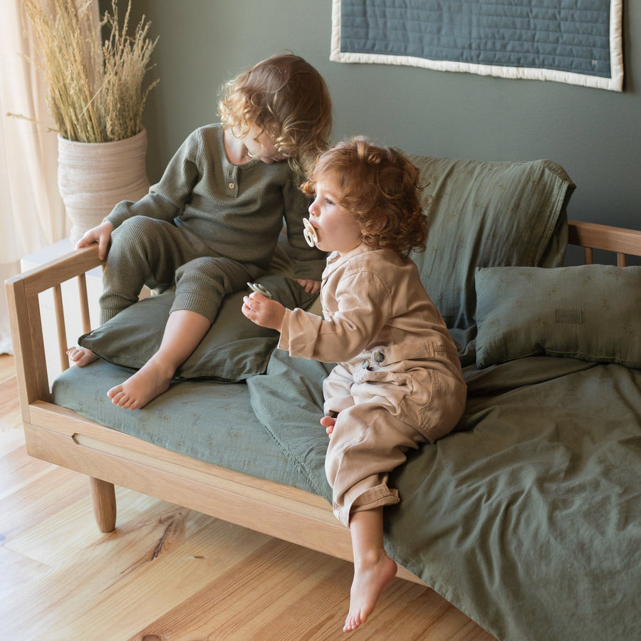 Wabi-Sabi washed organic cotton duvet cover set with pillowcase, premium textured poplin, luxury Vetiver bed linen, made in Spain by Ella James at brixbailey.com