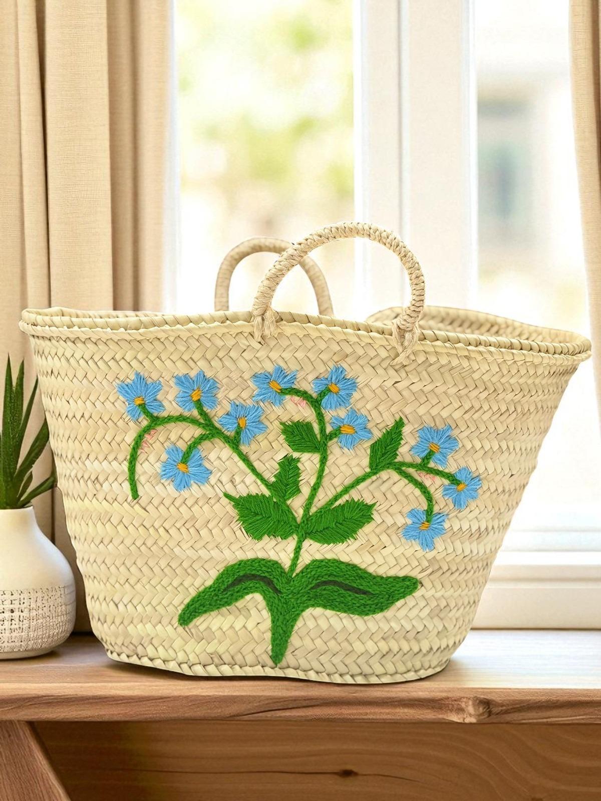 Handwoven Blue Meadow Straw Shopper