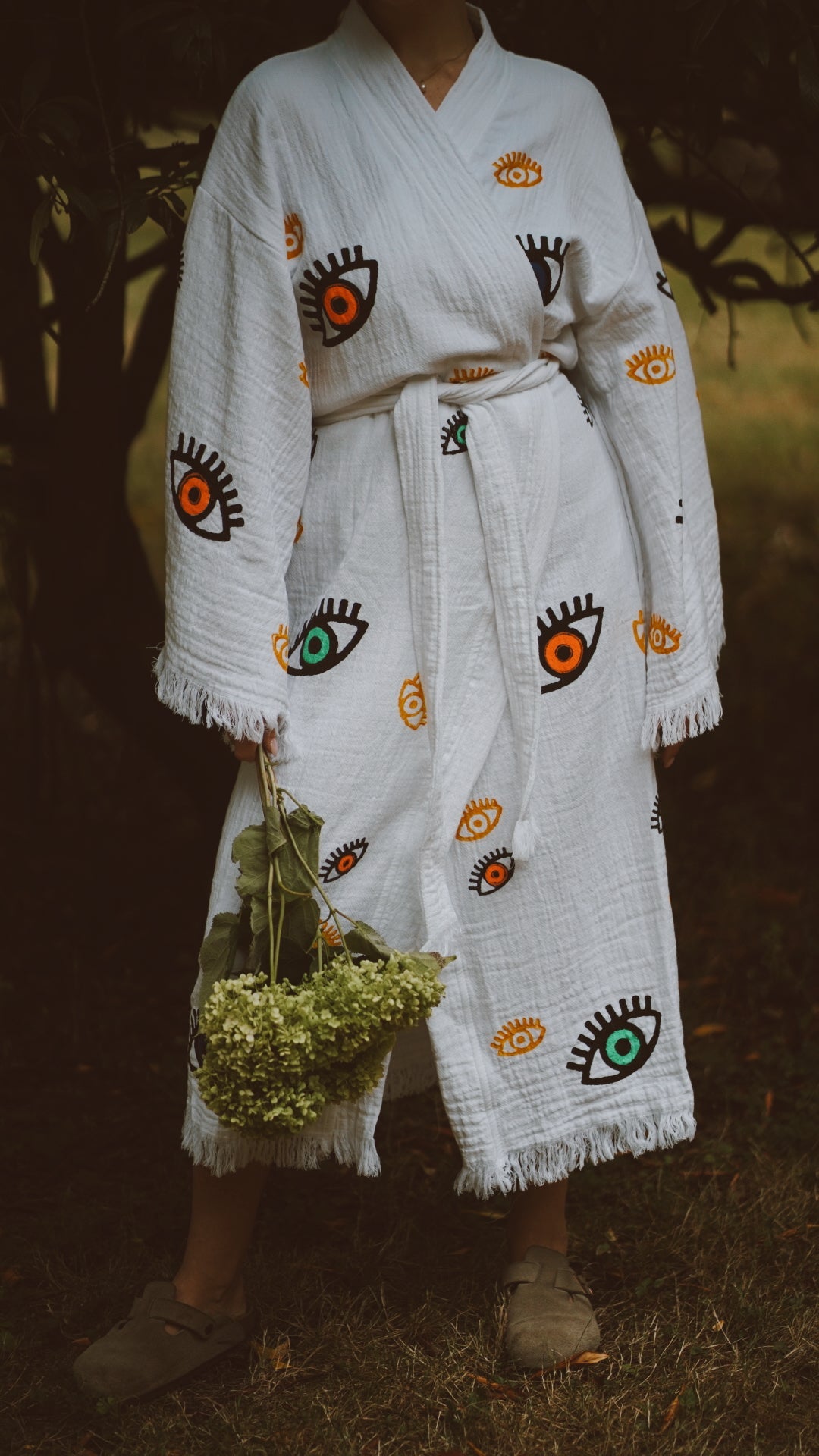 Long Cotton Robe: White with Multi Coloured Mini Eye