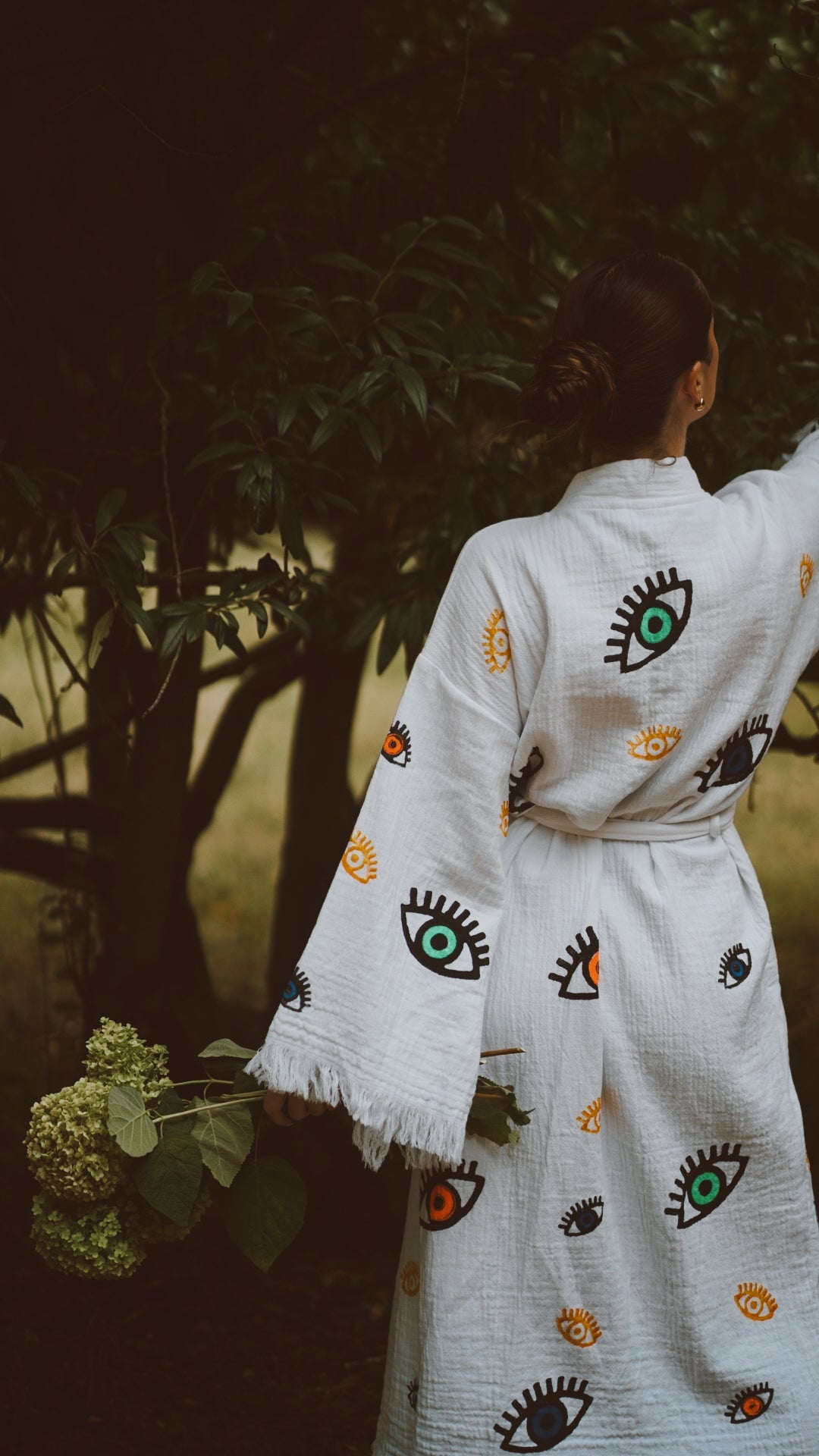 Long Cotton Robe: White with Multi Coloured Mini Eye