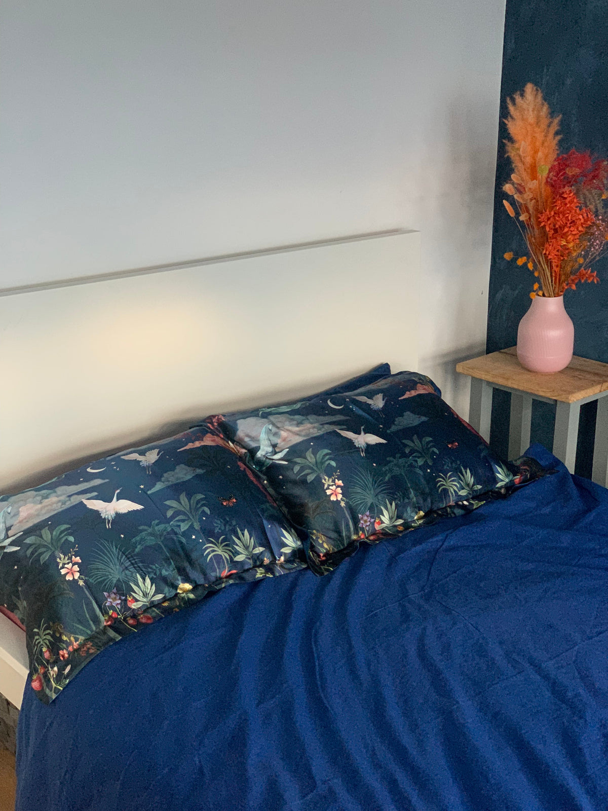 Blue Silk Pillowcase in hand painted 'Wonderous' print, Standard size Oxford Pillowcase