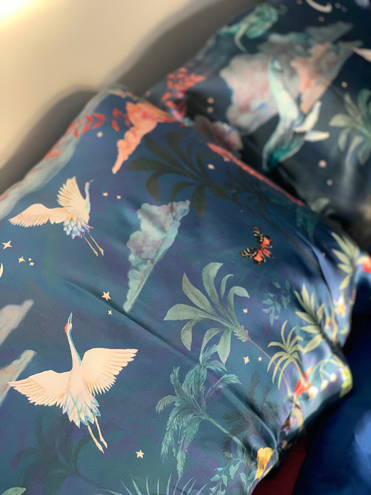 Blue Silk Pillowcase in hand painted 'Wonderous' print, Standard size Oxford Pillowcase