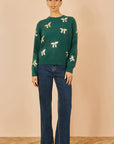 Yumi Green Sequin All Over Applique Bow Knitted Jumper