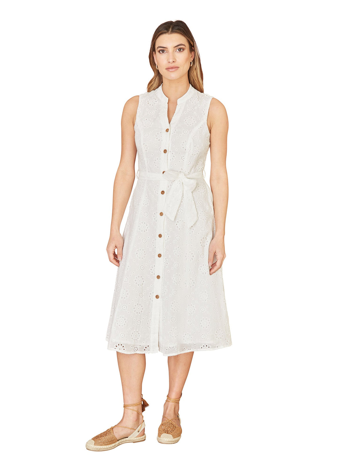 Yumi White Flower Broderie Anglaise Cotton Shirt Dress