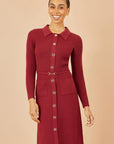 Yumi Burgundy Rib Knit Midi Shirt Dress With Snaffle Belt