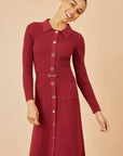Yumi Burgundy Rib Knit Midi Shirt Dress With Snaffle Belt