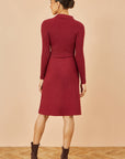 Yumi Burgundy Rib Knit Midi Shirt Dress With Snaffle Belt