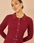 Yumi Burgundy Rib Knit Midi Shirt Dress With Snaffle Belt