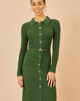 Yumi Green Rib Knit Midi Shirt Dress With Snaffle Belt