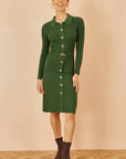 Yumi Green Rib Knit Midi Shirt Dress With Snaffle Belt
