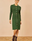 Yumi Green Rib Knit Midi Shirt Dress With Snaffle Belt